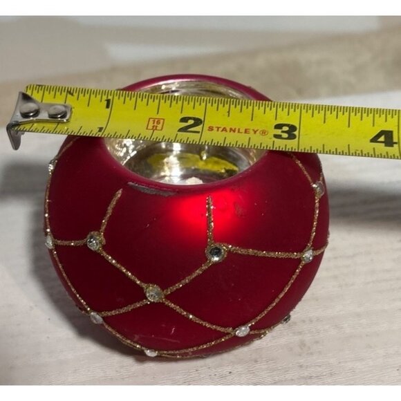 Red Glass Tealight Holder With Gold & Silver Glitter Accents 2.75" - Picture 6 of 7